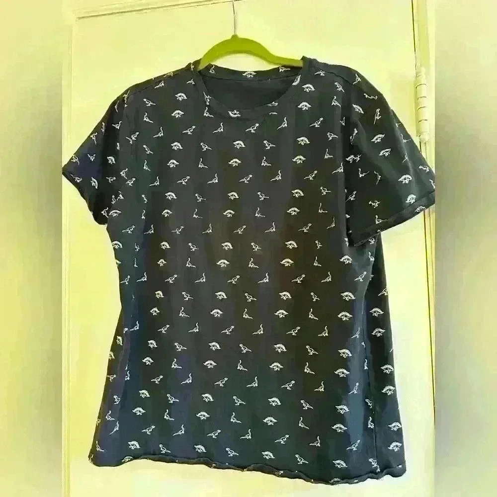 Dinosaur pattern novelty graphic tee Navy/white Men’s L  Bronto/T-Rex/ stego